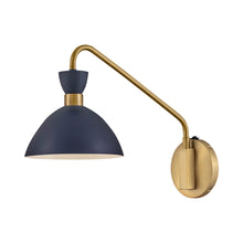 Load image into Gallery viewer, Simon Plug-In Wall Light in Matte Navy/Heritage Brass.
