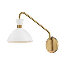 Load image into Gallery viewer, Simon Plug-In Wall Light in Matte White/Heritage Brass.
