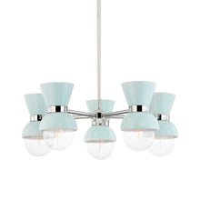 Load image into Gallery viewer, Gillian Chandelier in Polished Nickel/Ceramic Gloss Robins Egg Blue.
