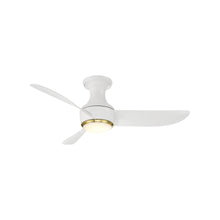 Load image into Gallery viewer, Corona Outdoor LED Flush Mount Ceiling Fan in Matte White/Soft Brass (44-Inch).
