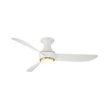 Load image into Gallery viewer, Corona Outdoor LED Flush Mount Ceiling Fan in Matte White/Soft Brass (52-Inch).
