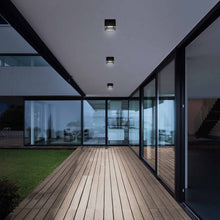 Load image into Gallery viewer, Kube Outdoor LED Flush Mount Ceiling Light in hallway.
