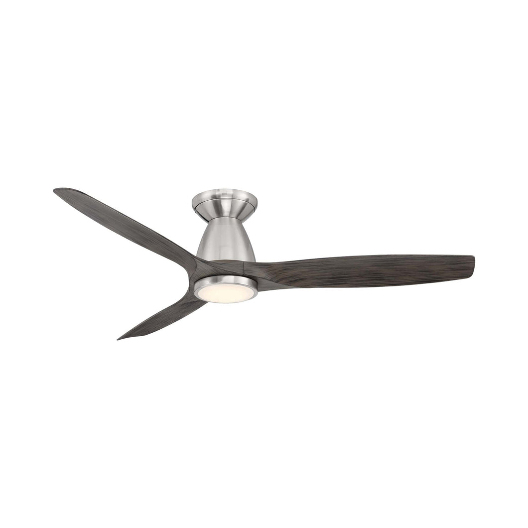 Skylark Outdoor LED Flush Mount Ceiling Fan in Brushed Nickel/Ebony.