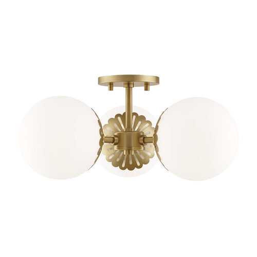 Paige 3-Light Semi-Flush Mount Ceiling Light in White and Brass.