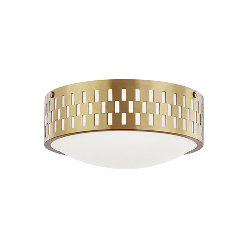 Phoebe Flush Mount Ceiling Light in White and Brass.