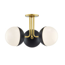 Load image into Gallery viewer, Renee 3-Light Semi-Flush Mount Ceiling Light in Black, Brass and White.
