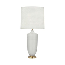 Load image into Gallery viewer, Hadrian Table Lamp in Matte Dove Glazed/Modern Brass.
