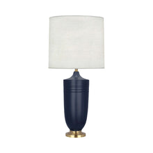 Load image into Gallery viewer, Hadrian Table Lamp in Matte Midnight Blue Glazed/Modern Brass.
