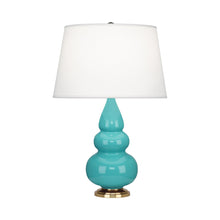 Load image into Gallery viewer, Triple Gourd Accent Lamp in Egg Blue/Antique Natural Brass.
