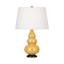 Load image into Gallery viewer, Triple Gourd Accent Lamp in Sunset Yellow/Deep Patina Bronze.

