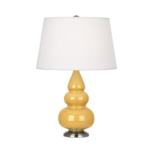 Load image into Gallery viewer, Triple Gourd Accent Lamp in Sunset Yellow/Antique Silver.
