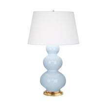Load image into Gallery viewer, Triple Gourd Table Lamp in Antique Brass/Baby Blue.
