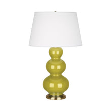 Load image into Gallery viewer, Triple Gourd Table Lamp in Antique Brass/Citron.
