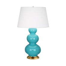Load image into Gallery viewer, Triple Gourd Table Lamp in Antique Brass/Egg Blue.

