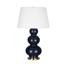 Load image into Gallery viewer, Triple Gourd Table Lamp in Antique Brass/Midnight Blue.
