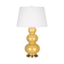 Load image into Gallery viewer, Triple Gourd Table Lamp in Antique Brass/Sunset Yellow.
