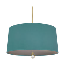 Load image into Gallery viewer, Williamsburg Custis Pendant Light in Modern Brass/Mayo Teal/Carter Gray Lining.
