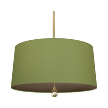 Load image into Gallery viewer, Williamsburg Custis Pendant Light in Modern Brass/Parrot Green/Revolutionary Storm Lining.
