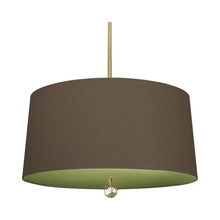 Load image into Gallery viewer, Williamsburg Custis Pendant Light in Modern Brass/Revolutionary Storm/Parrot Green Lining.
