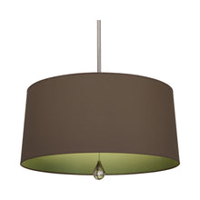 Load image into Gallery viewer, Williamsburg Custis Pendant Light in Polished Nickel/Revolutionary Storm/Parrot Green Lining.
