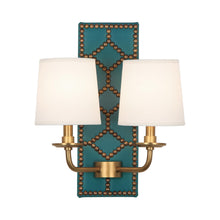 Load image into Gallery viewer, Williamsburg Lightfoot Wall Light in Mayo Teal/Aged Brass.
