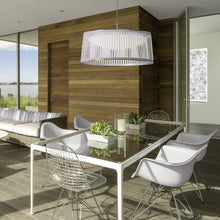 Load image into Gallery viewer, Solis LED Drum Pendant Light in office.
