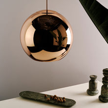 Load image into Gallery viewer, Copper Round LED Pendant Light in Detail.
