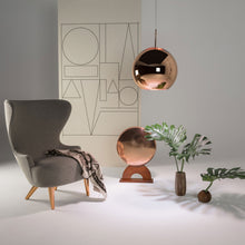 Load image into Gallery viewer, Copper Round LED Pendant Light in exhibition.

