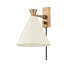 Load image into Gallery viewer, Arvin Plug-In Wall Light in Patina Brass/Soft Sand.
