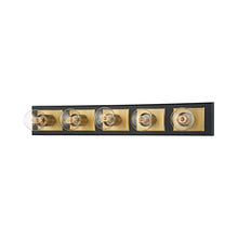 Load image into Gallery viewer, Runyan Vanity Wall Light in Patina Brass/Soft Black (5-Light).
