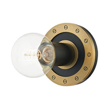 Load image into Gallery viewer, Teo Bath Wall Light in Patina Brass/Soft Black.
