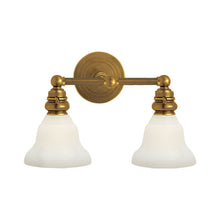 Load image into Gallery viewer, Boston Double Wall Light in Hand-Rubbed Antique Brass/White Glass Desk Shade (2-Light).
