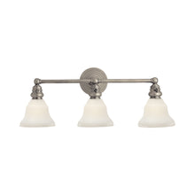 Load image into Gallery viewer, Boston Double Wall Light in Antique Nickel/White Glass Desk Shade (3-Light).
