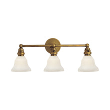 Load image into Gallery viewer, Boston Double Wall Light in Hand-Rubbed Antique Brass/White Glass Desk Shade (3-Light).

