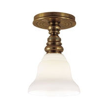 Load image into Gallery viewer, Boston Flush Mount Ceiling Light in Hand-Rubbed Antique Brass/White Glass Desk Shade.
