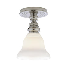 Load image into Gallery viewer, Boston Flush Mount Ceiling Light in Polished Nickel/White Glass Desk Shade.
