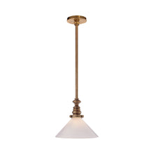 Load image into Gallery viewer, Boston Pendant Light in Hand-Rubbed Antique Brass/White Glass Slant.
