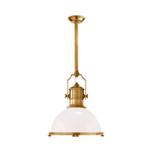 Load image into Gallery viewer, Country Industrial Pendant Light in Antique-Burnished Brass/White Glass (Large).
