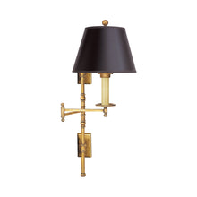Load image into Gallery viewer, Dorchester Swing Arm Wall Light in Antique-Burnished Brass/Black Shade (Double Backplates).
