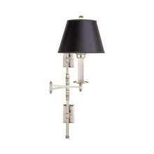 Load image into Gallery viewer, Dorchester Swing Arm Wall Light in Polished Nickel/Black Shade (Double Backplates).
