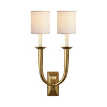 Load image into Gallery viewer, French Deco Horn Double Wall Light in Hand-Rubbed Antique Brass (5-Inch Linen).
