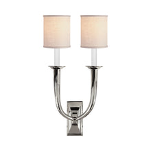 Load image into Gallery viewer, French Deco Horn Double Wall Light in Polished Nickel (5-Inch Linen).
