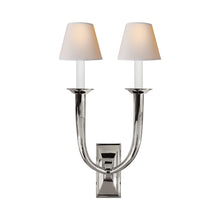 Load image into Gallery viewer, French Deco Horn Double Wall Light in Polished Nickel (Natural Paper).
