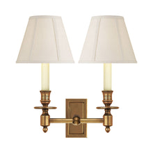 Load image into Gallery viewer, French Double Library Wall Light in Hand-Rubbed Antique Brass/B Linen Shade.
