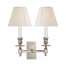 Load image into Gallery viewer, French Double Library Wall Light in Polished Nickel/B Linen Shade.

