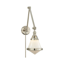 Load image into Gallery viewer, Gale Library Wall Light in Polished Nickel/White Glass.
