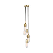 Load image into Gallery viewer, Junio LED Multi Light Pendant Light in Hand-Rubbed Antique Brass/Frosted Glass (5-Light).
