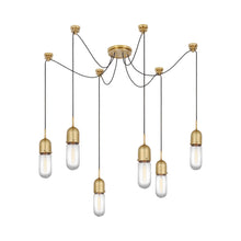 Load image into Gallery viewer, Junio LED Multi Light Pendant Light in Hand-Rubbed Antique Brass/Clear Glass (6-Light).
