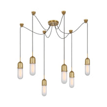 Load image into Gallery viewer, Junio LED Multi Light Pendant Light in Hand-Rubbed Antique Brass/Frosted Glass (6-Light).
