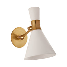 Load image into Gallery viewer, Liam Small Articulating Wall Light in Hand-Rubbed Antique Brass/Matte White.
